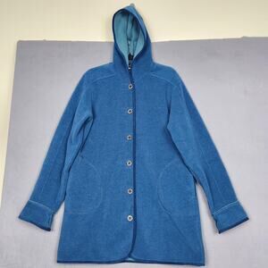 LL Bean Jacket Womens Medium Blue Hooded Button Front Fleece Coat Made USA